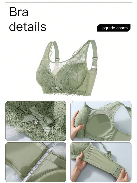 Sencillo Sujetador Inalambrico De Encaje Floral Solido Con Lazo, Sujetador De Cobertura Completa Comodo Y Transpirable, Lenceria Y Ropa Interior Para Mujeres