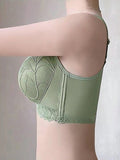 Sencillo Sujetador Inalambrico De Encaje Floral Solido Con Lazo, Sujetador De Cobertura Completa Comodo Y Transpirable, Lenceria Y Ropa Interior Para Mujeres