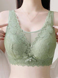Sencillo Sujetador Inalambrico De Encaje Floral Solido Con Lazo, Sujetador De Cobertura Completa Comodo Y Transpirable, Lenceria Y Ropa Interior Para Mujeres
