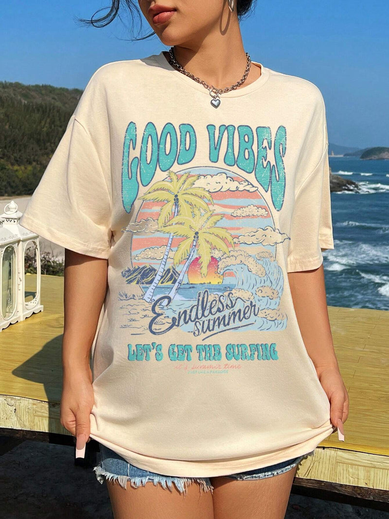 Camiseta casual de verano para mujer con cuello redondo estampada con eslogan y paisaje, ajuste holgado para vacaciones