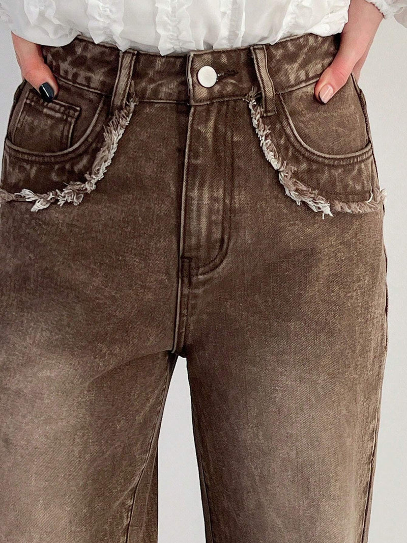 FRIFUL Jeans Casuales Con Pernera Recta Y Dobladillo Sin Rematar Desgastados