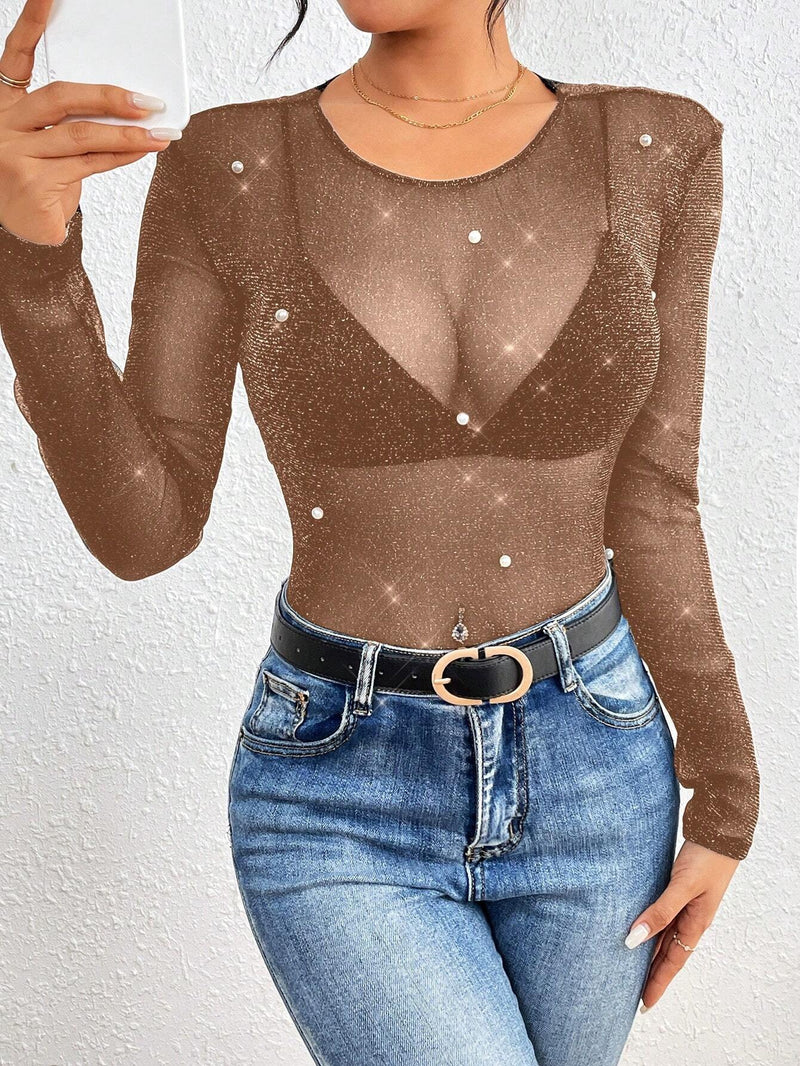 Frenchy Top Del Dia De San Valentin, Top De Fiesta De Manga Larga De Verano, Un Top De Malla Transparente Y Brillante Adornado Con Diamantes Simulados De Perlas (no Incluye El Sosten)