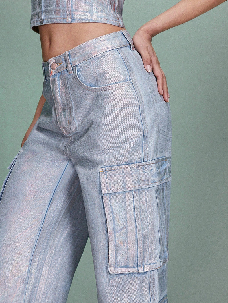 BAE Detalles De Bolsillo De Carga Metalica Suelto Mujeres' Pantalones Jeans De Pierna Ancha Para Fiestas Y Eventos De Primavera, Conjuntos De Ropa De Festival, Ropa Inferior De Verano, Overoles De Mezclilla, Trajes Para Conciertos Y Festivales De Musica.