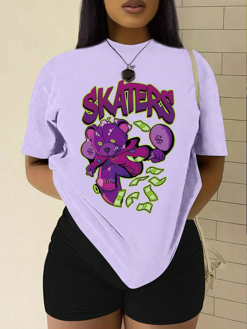 Camiseta de manga corta oversize con cuello redondo estampada con osos y letras para SKATERS