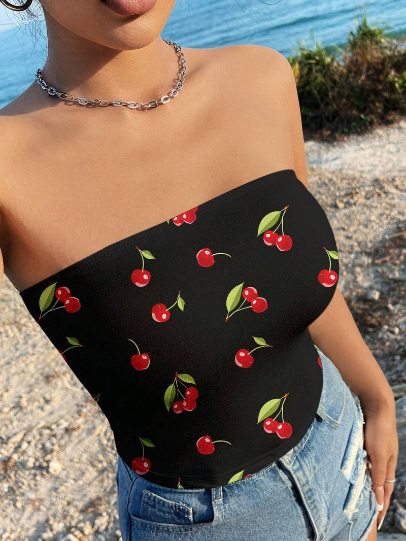 Essnce Top informal sin mangas con estampado de cereza, ideal para usar en verano