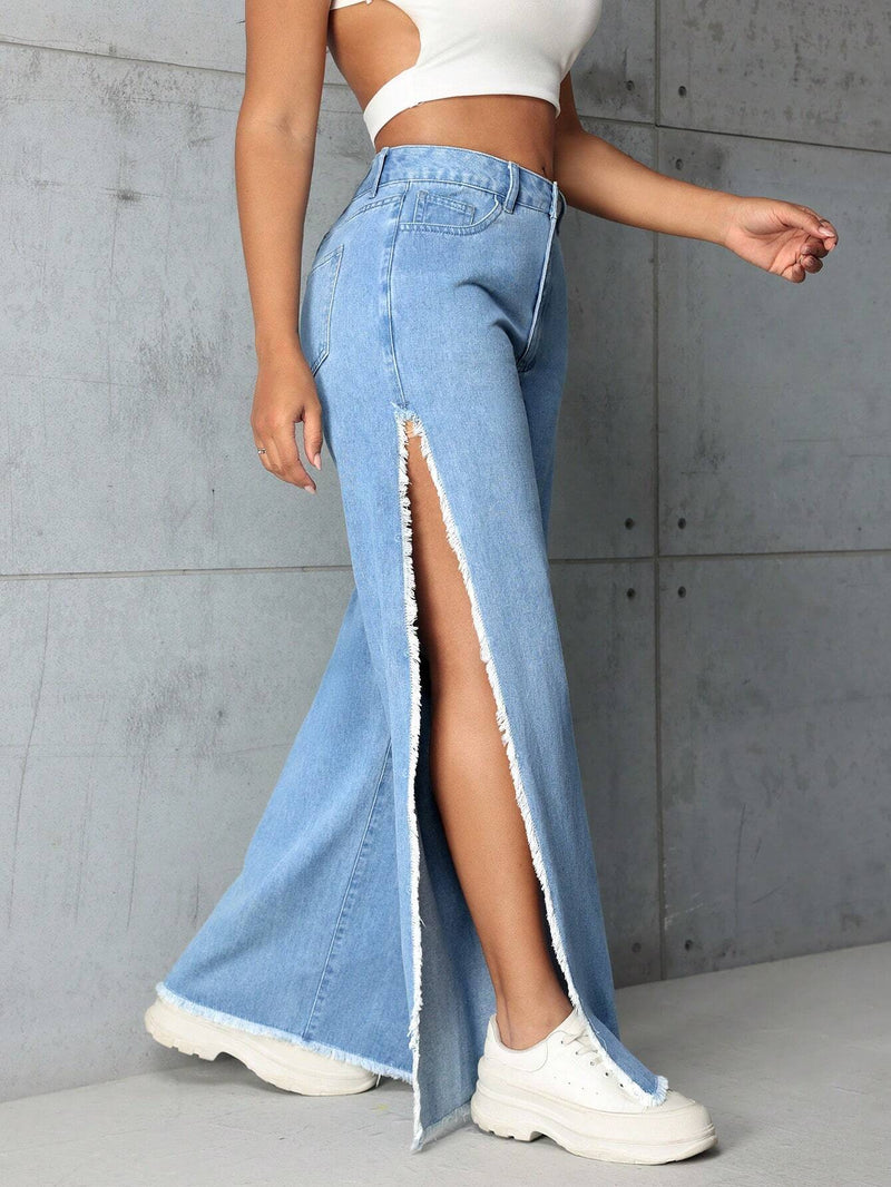 SXY Jeans De Pierna Recta Con Aberturas Laterales Y Dobladillo Crudo