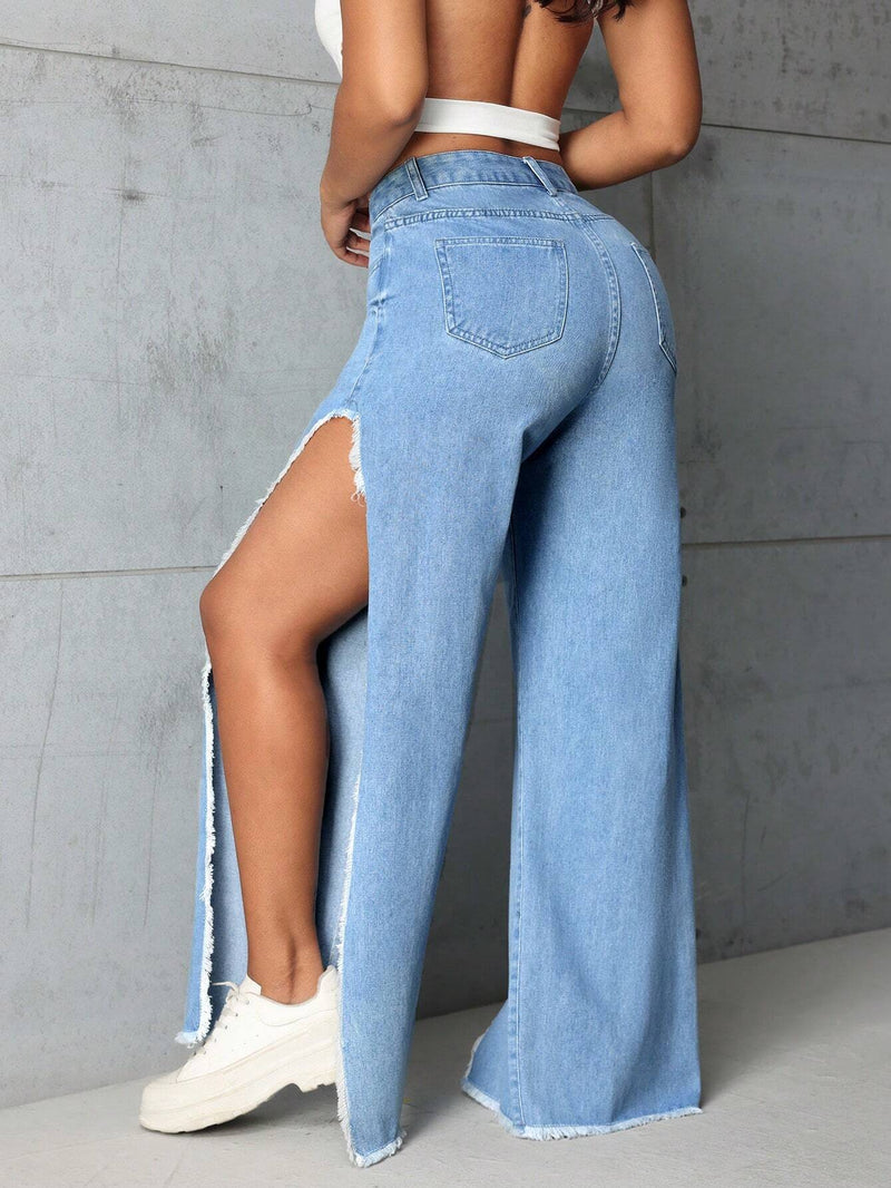 SXY Jeans De Pierna Recta Con Aberturas Laterales Y Dobladillo Crudo