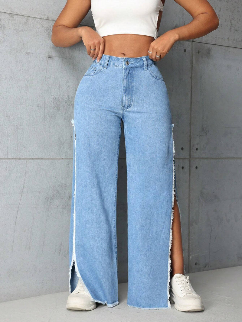 SXY Jeans De Pierna Recta Con Aberturas Laterales Y Dobladillo Crudo