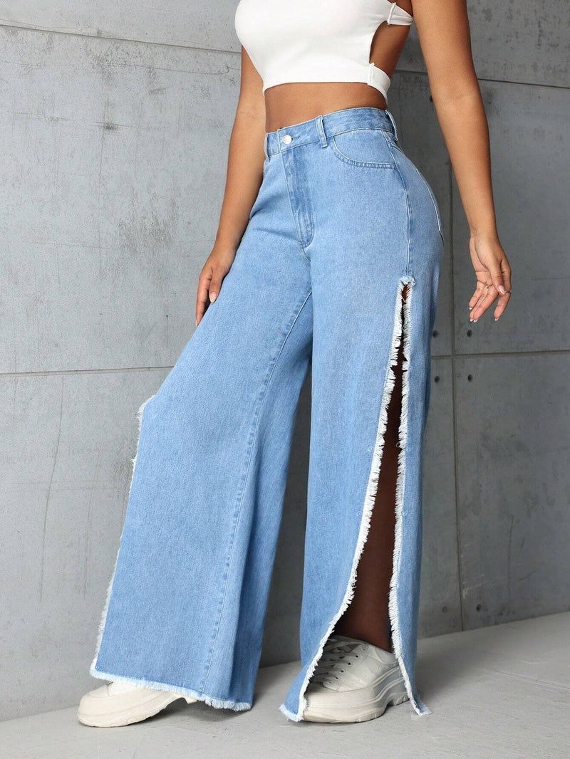 SXY Jeans De Pierna Recta Con Aberturas Laterales Y Dobladillo Crudo