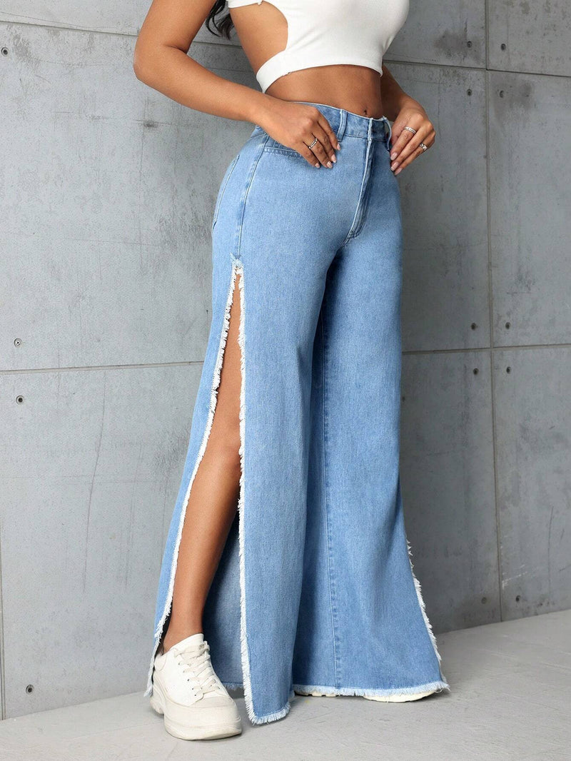 SXY Jeans De Pierna Recta Con Aberturas Laterales Y Dobladillo Crudo