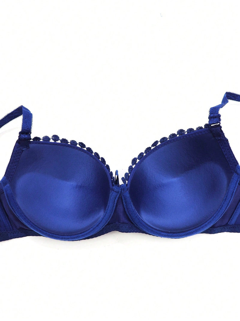 1 Pieza Sujetador Sexy Push Up Con Flores Bordadas En Azul