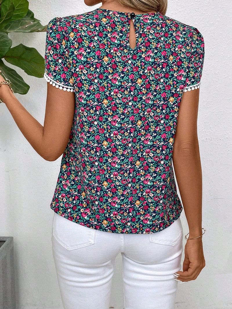 LUNE Romantica Camisa De Manga Con Petalos De Flores Con Estampado Floral, Ideal Para Primavera Y Verano