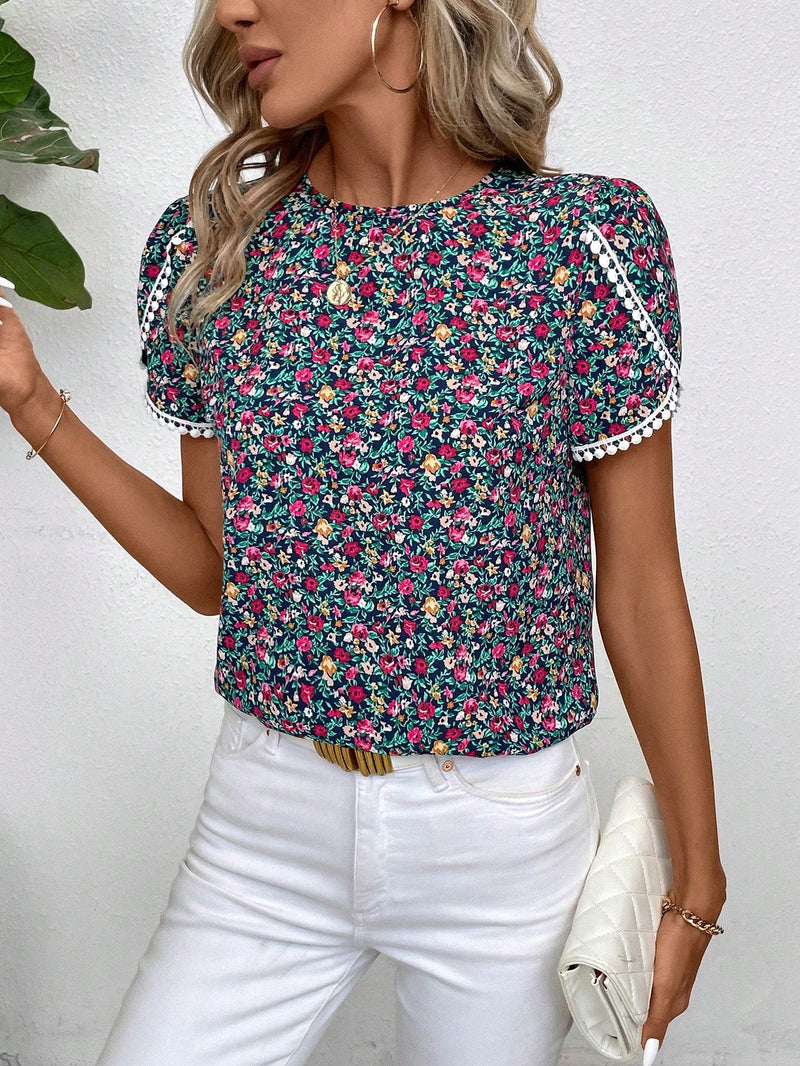 LUNE Romantica Camisa De Manga Con Petalos De Flores Con Estampado Floral, Ideal Para Primavera Y Verano