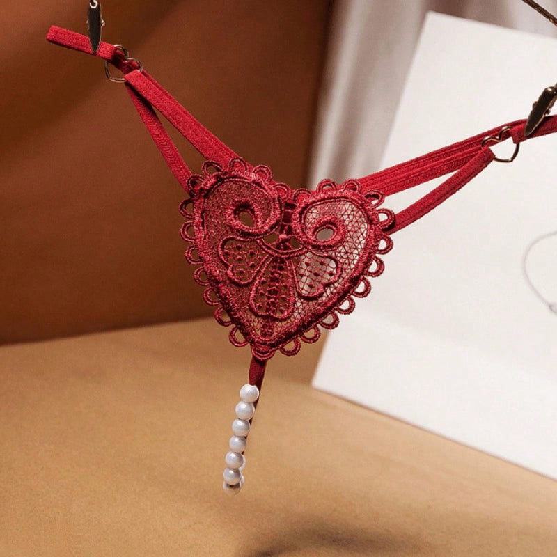 Tanga intima de mujer con bordado en forma de corazon, perlas de masaje y estilo moderno y sexy