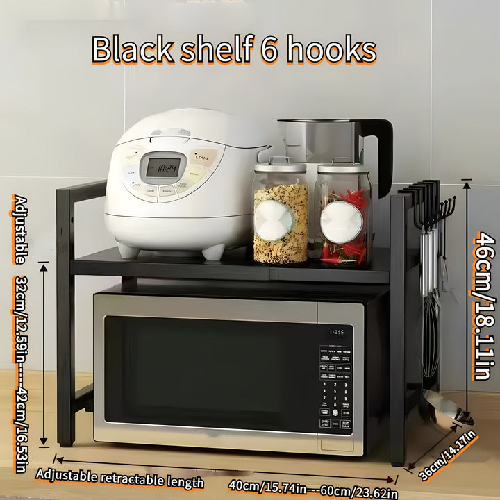 1pc-Estante para Microondas Expansible, Soporte de Cocina con Estante y Gancho para Vajilla en Acero al Carbón con 6 Ganchos - Regalos del Día de la Madre para Esposa