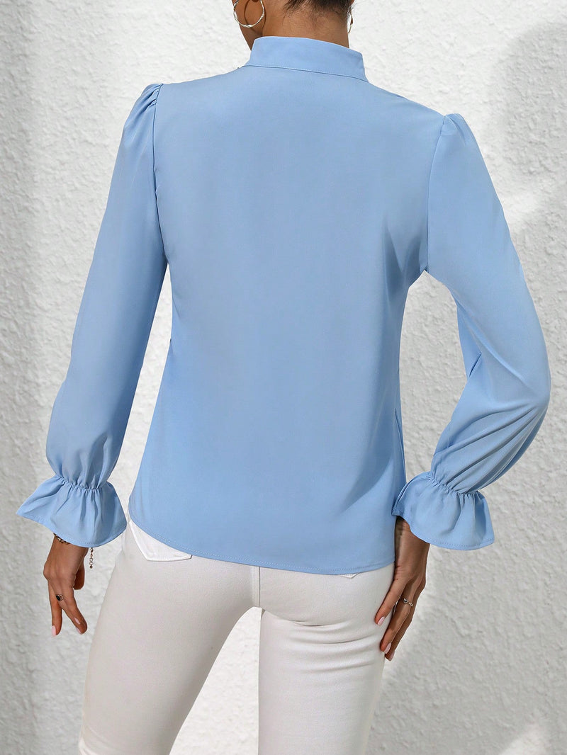 Mulvari Blusa De Manga Acampanada De Cuello En V Con Muesca De Color Solido Para Mujer