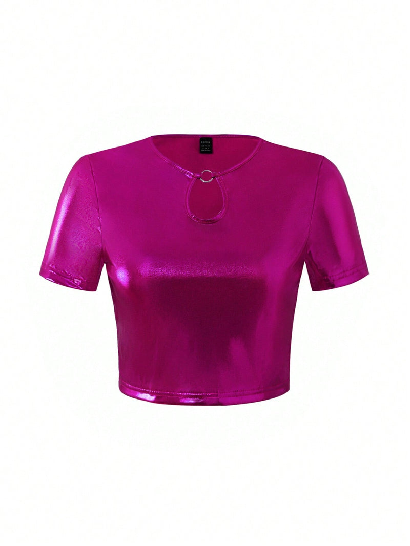 Camiseta Corta De Color Solido Para Mujer Con Cuello Calado