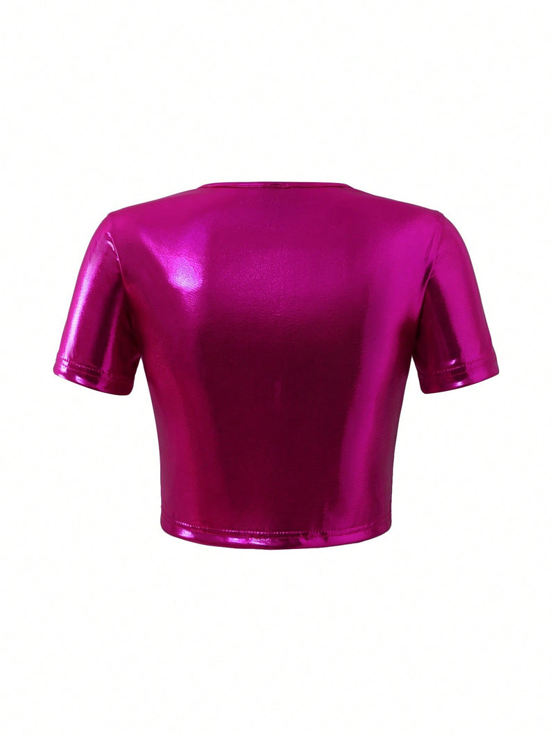 Camiseta Corta De Color Solido Para Mujer Con Cuello Calado