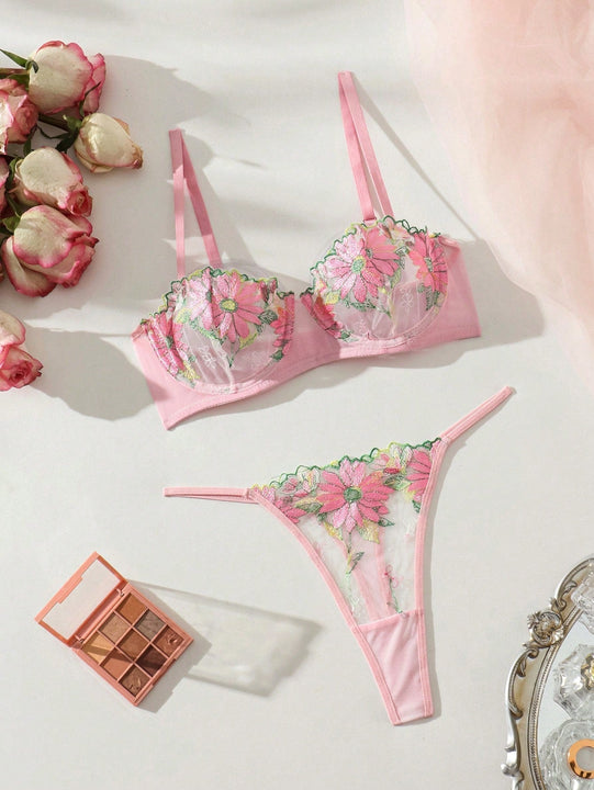 Conjunto De Lenceria De Malla Con Bordado Floral Para Mujer