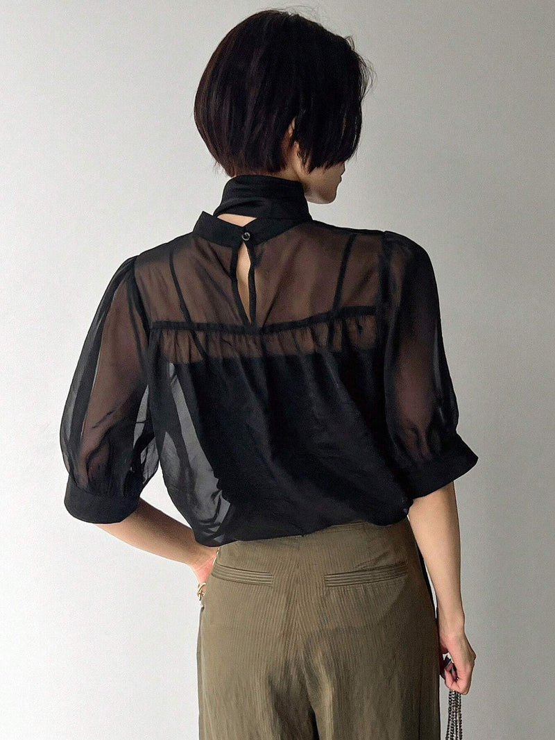 FRIFUL Blusa De Manga Corta Con Burbujas Transparente De Malla Con Cuello De Corbata Para Mujer