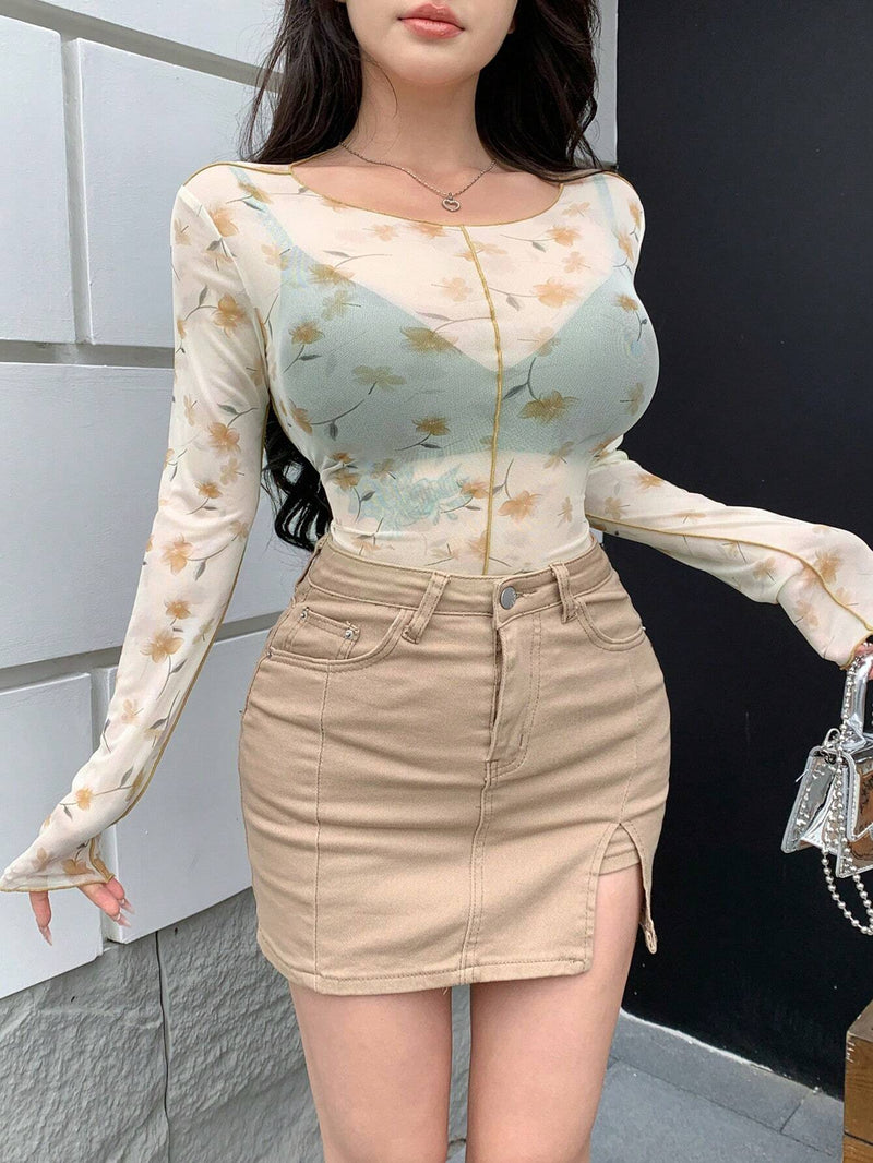 DAZY Top De Manga Larga Y Malla Transparente Ajustado Con Estampado Floral Para Mujeres Como Capa Basica