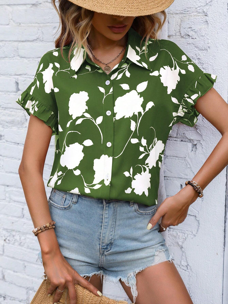 Blusa De Manga Corta Con Estampado Floral Y Dobladillo Irregular Con Volantes Para Mujer