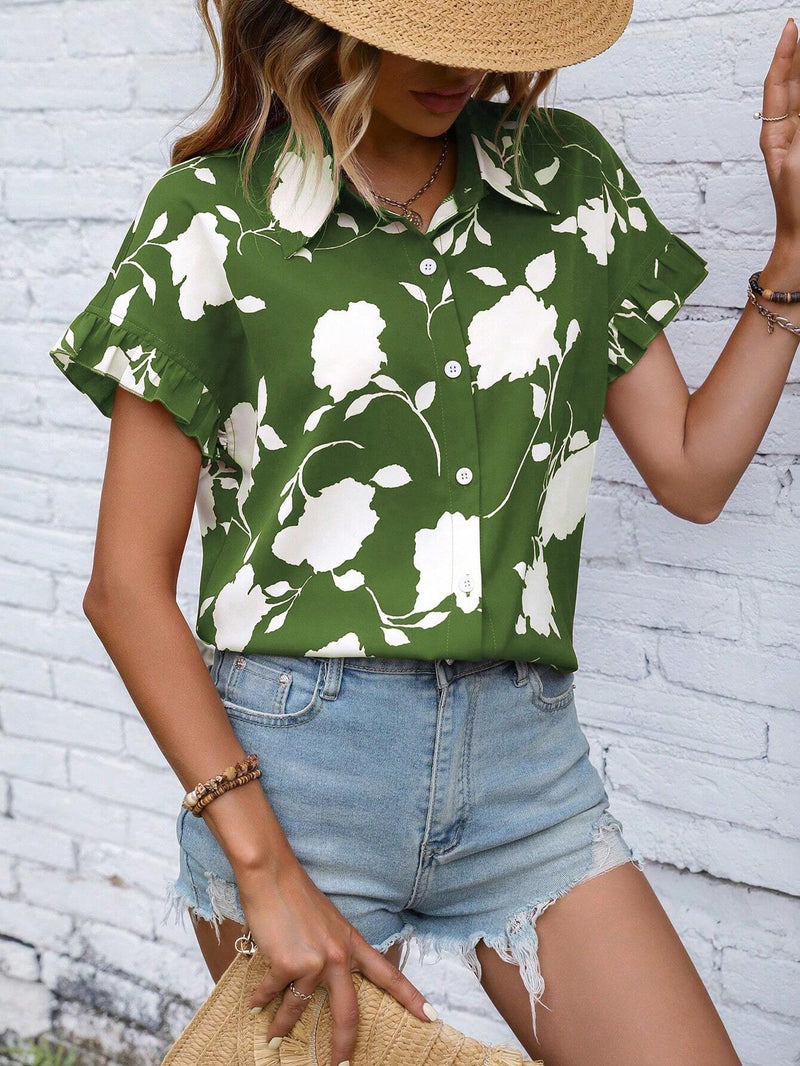 Blusa De Manga Corta Con Estampado Floral Y Dobladillo Irregular Con Volantes Para Mujer