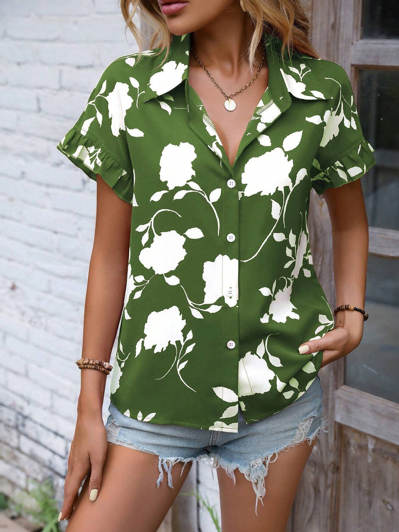 Blusa De Manga Corta Con Estampado Floral Y Dobladillo Irregular Con Volantes Para Mujer