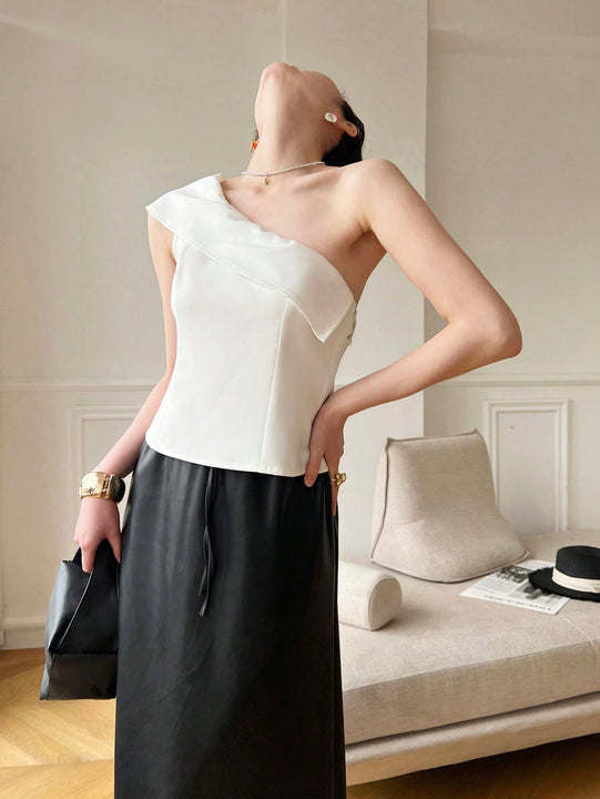 Prive Camisa De Mujer Con Un Solo Hombro Y Cuello Doblado