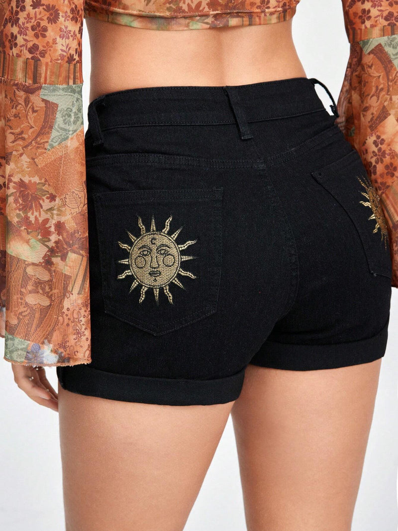 ROMWE Hippie Shorts Vaqueros Bordados Con Diseno De Sol, Luna Y Estrellas Magicas Para Mujer