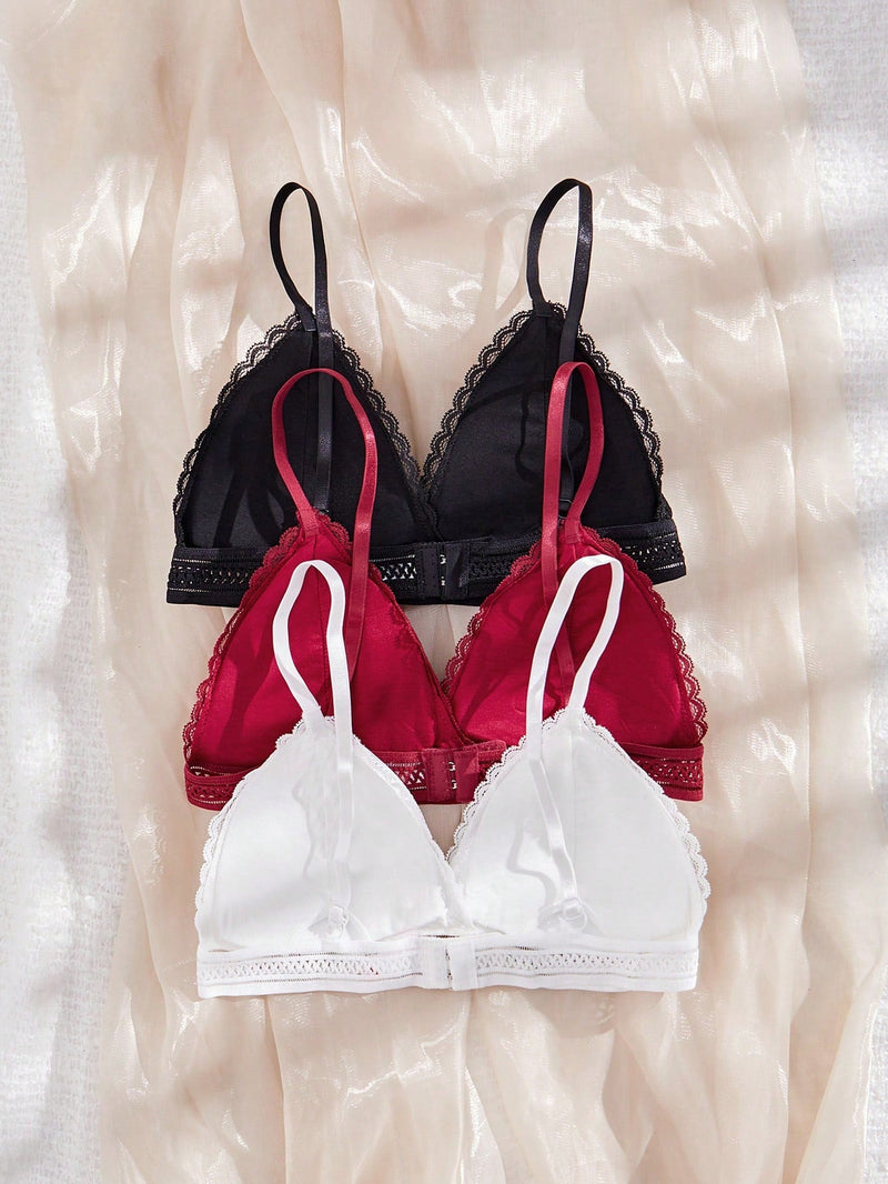 Conjunto De 3 Bralettes De Encaje De Color Solido Para Mujeres