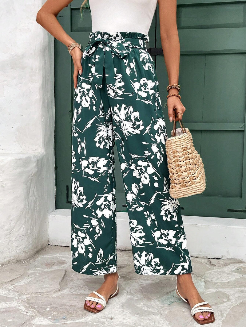 Frenchy Pantalones De Pierna Ancha Con Cintura Alta Y Cinturon De Bolsa De Papel Con Estampado Completo De Flores