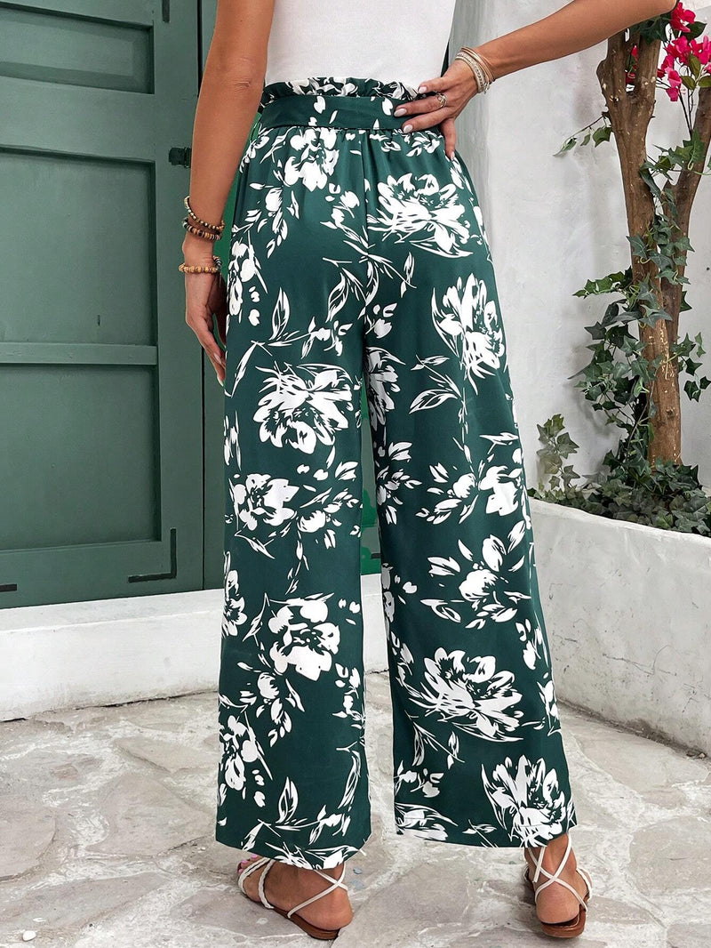 Frenchy Pantalones De Pierna Ancha Con Cintura Alta Y Cinturon De Bolsa De Papel Con Estampado Completo De Flores