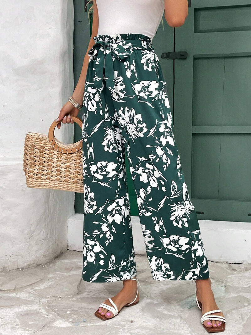 Frenchy Pantalones De Pierna Ancha Con Cintura Alta Y Cinturon De Bolsa De Papel Con Estampado Completo De Flores