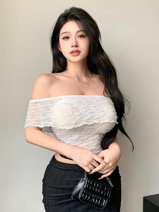 Dazy Designer Camiseta Con Diseno De Hombro Descubierto Y Dees Transparentes Ajustada Para Mujer