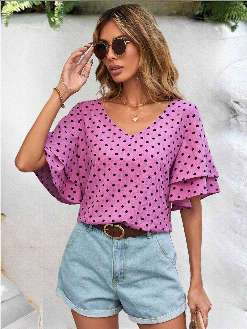 Blusa Con Estampado De Lunares, Cuello En V Y Mangas Con Volantes