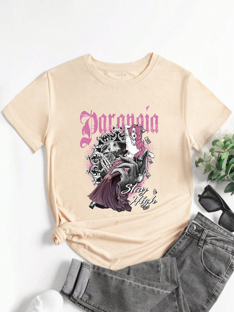 Slayr Camiseta De Manga Corta Para Mujeres Con Impresion De Personajes Y Letras