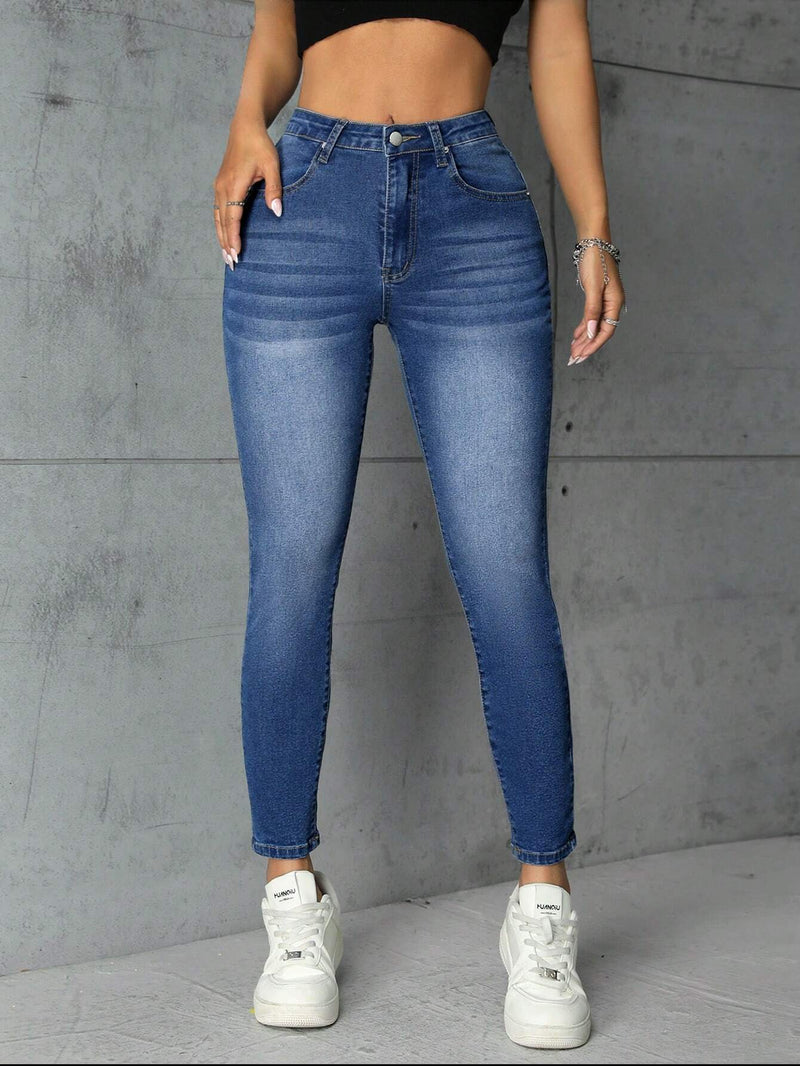 PETITE Jeans Ajustados Lavados Con Bigotes De Gato