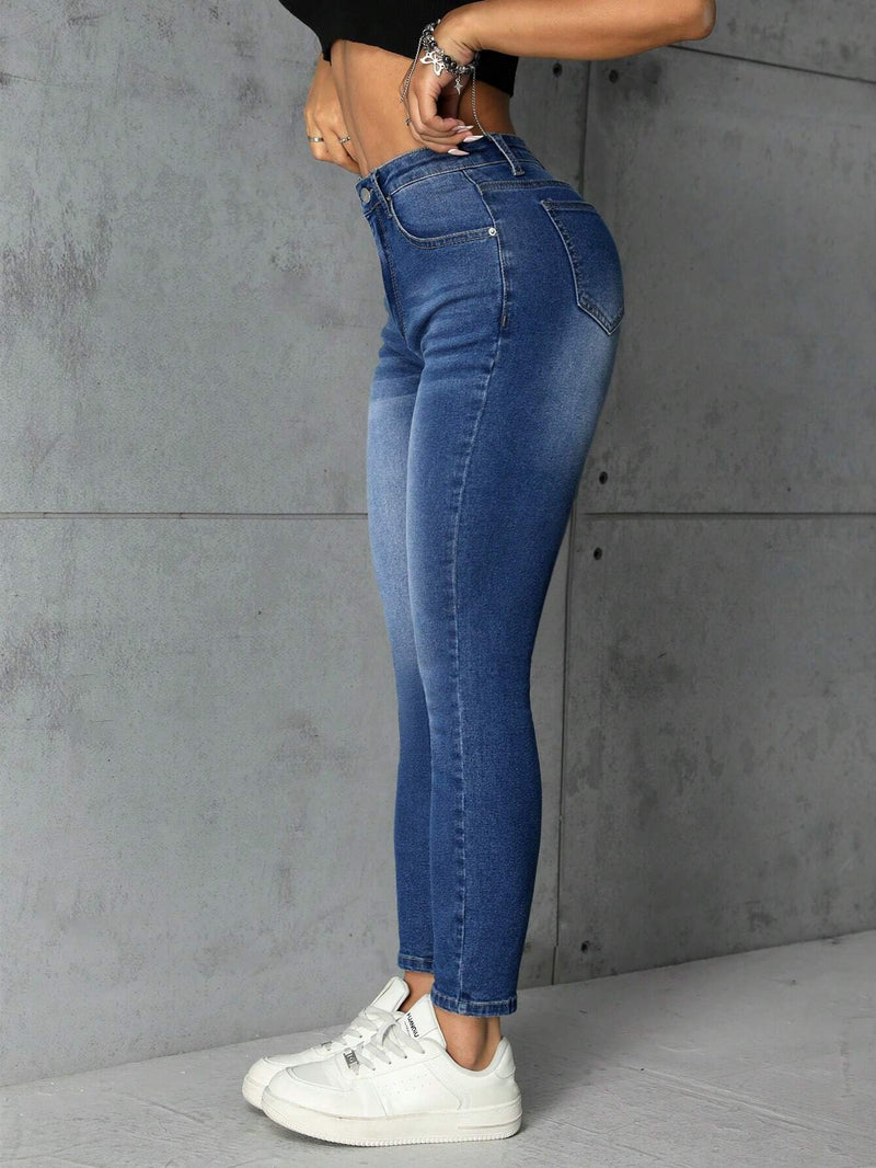 PETITE Jeans Ajustados Lavados Con Bigotes De Gato