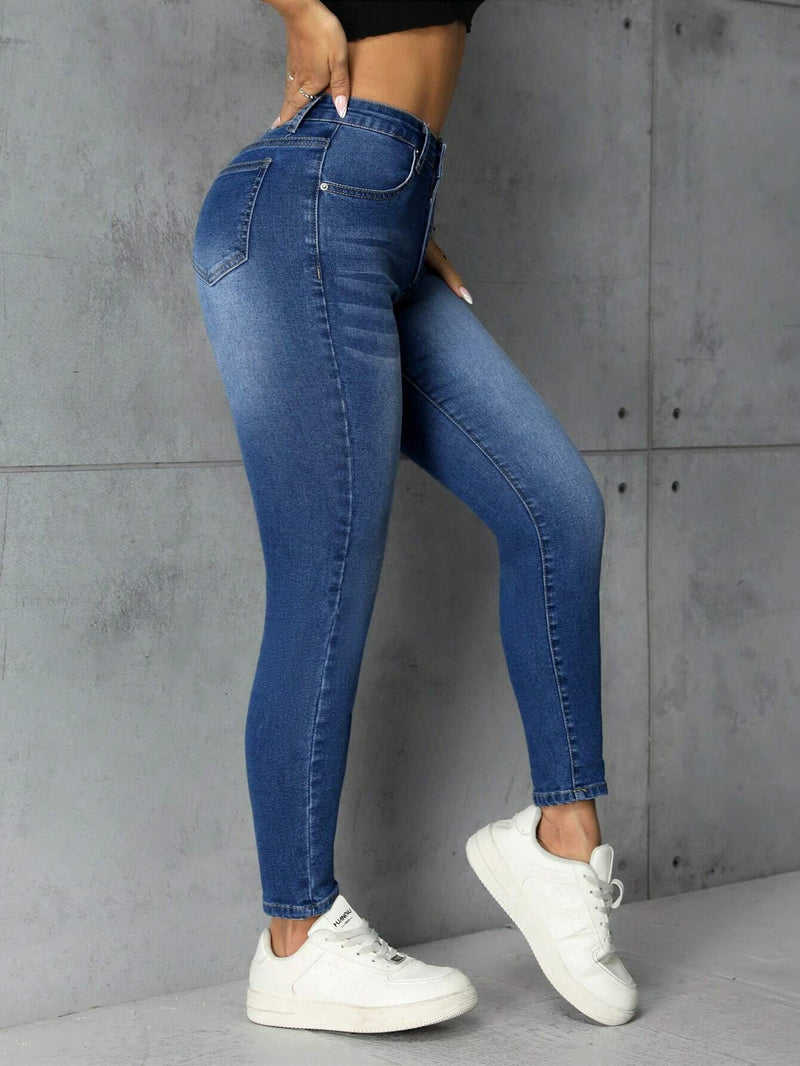 PETITE Jeans Ajustados Lavados Con Bigotes De Gato