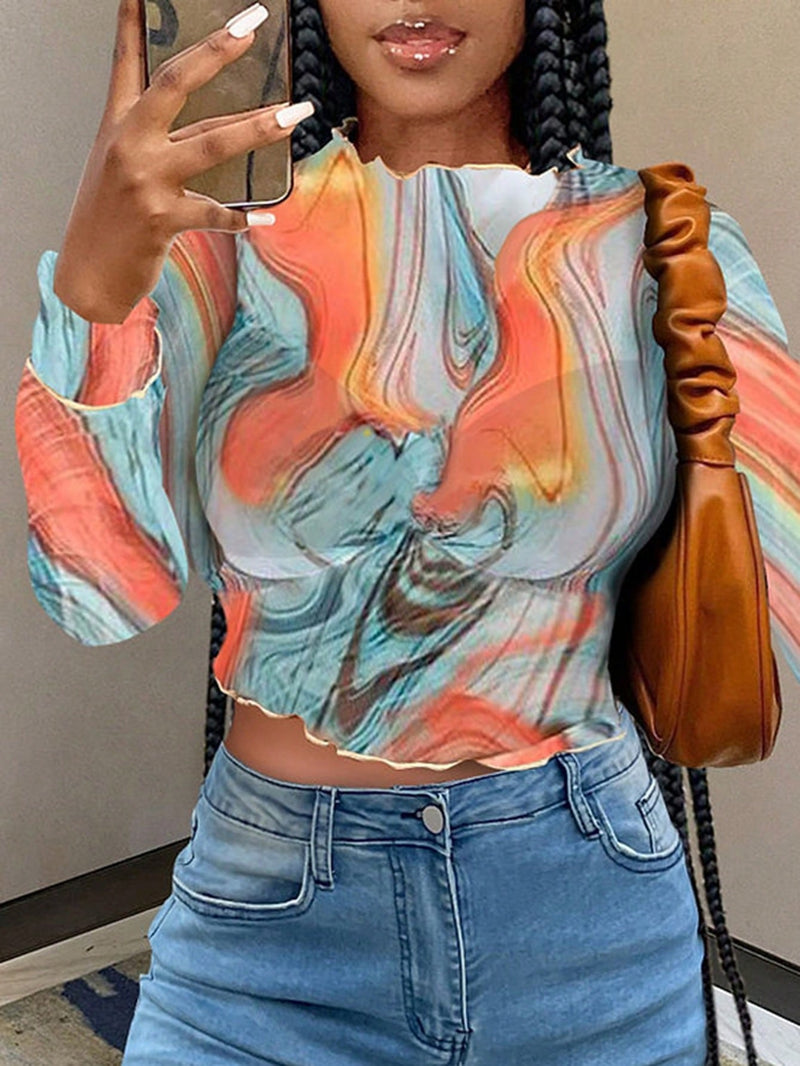 Slayr Blusa Corta De Manga Larga Con Cuello Redondo Impreso Totalmente En Color Naranja