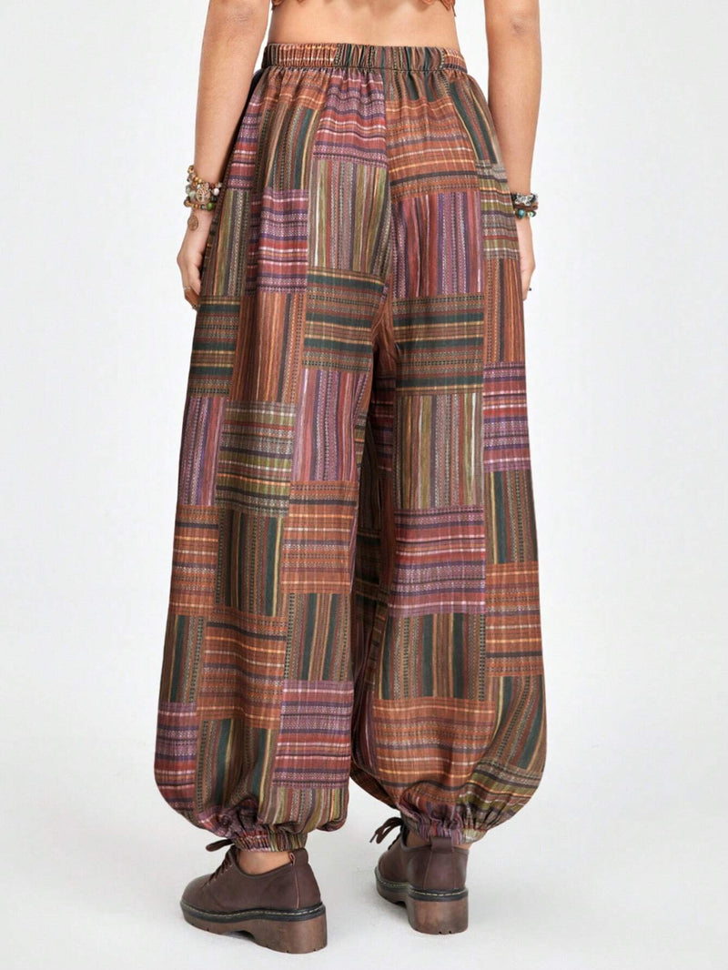 ROMWE Hippie Pantalones A Rayas De Patchwork Y Estampado Floral Con Cintura Elastica Y Punos Elasticos