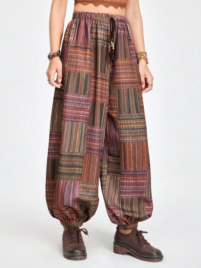 ROMWE Hippie Pantalones A Rayas De Patchwork Y Estampado Floral Con Cintura Elastica Y Punos Elasticos