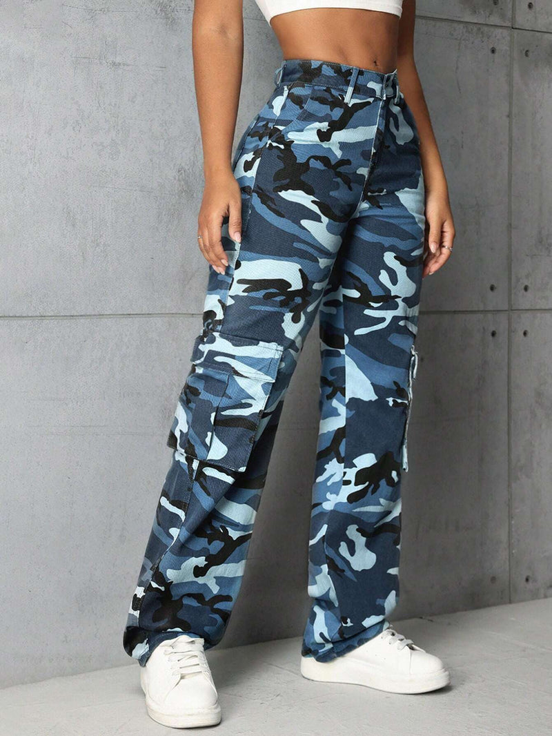 EZwear Jeans De Pierna Recta Con Bolsillos Inclinados Y Estampado De Camuflaje