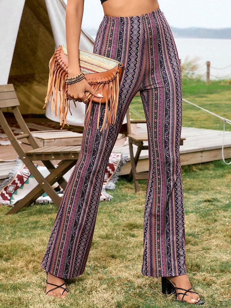 VCAY Pantalones Acampanados De Cintura Alta Con Estampado Geometrico Para Festival De Primavera/verano De Vacaciones