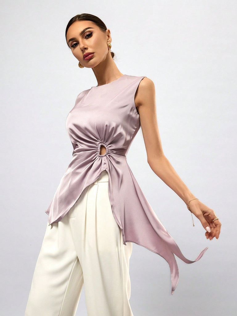 Prive Camisa De Color Solido Sin Mangas Con Dobladillo Plisado Y Asimetrico