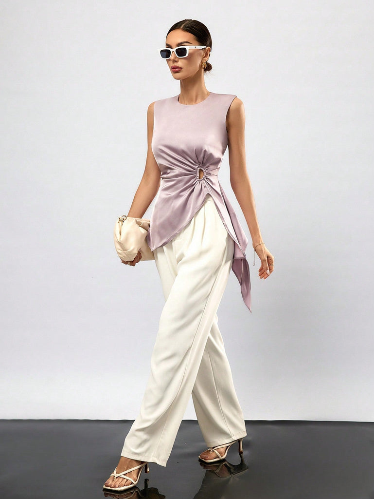 Prive Camisa De Color Solido Sin Mangas Con Dobladillo Plisado Y Asimetrico