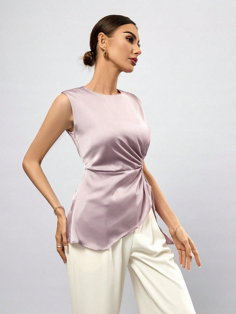 Prive Camisa De Color Solido Sin Mangas Con Dobladillo Plisado Y Asimetrico