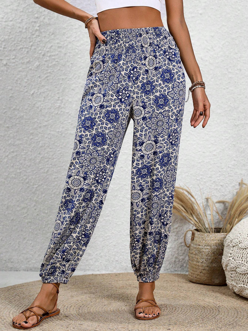 LUNE Pantalones De Jogging De Cintura Fruncida Con Impresion De Flores Para Mujeres