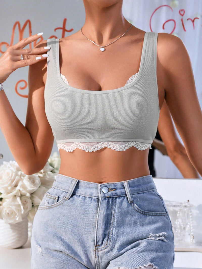 Bralette Inalambrico De Encaje Con Escote Redondo, Remiendos De Encaje